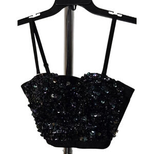 Black Sequin Bustier Crop Top Spaghetti Straps Corset Party Clubwear Sparkly Top